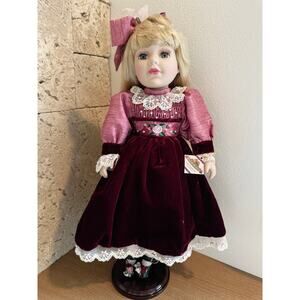 1990s Victorian Porcelain Doll Velvet Burgundy Dress Blonde Hair Blue Eyes